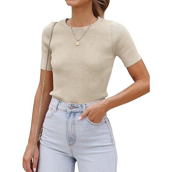 ZESICA Women's Short Sleeve Crewneck T Shirt 2024 Summer Ribbed Knit Slim Fit Basic Solid Color Tee Tops