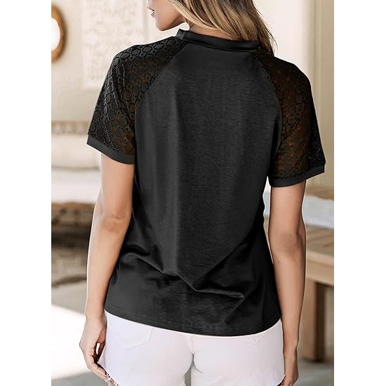 EVALESS Womens Fashion Tops Crewneck Sexy Patchwork Lace Short Sleeve Tee Shirts Casual Knitted Blouses