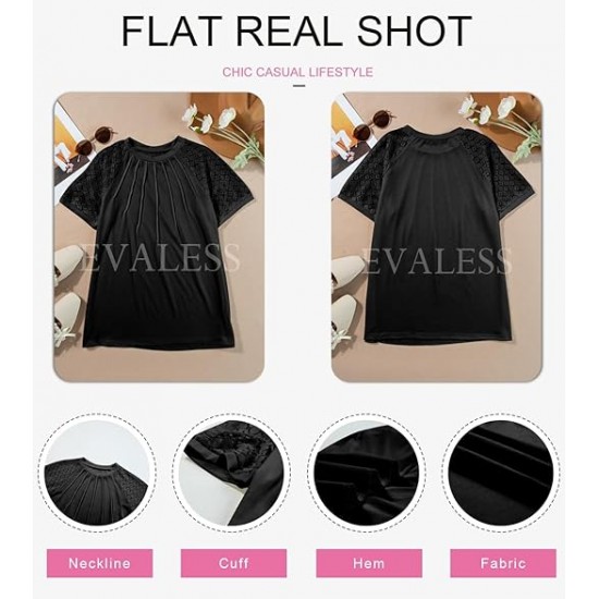 EVALESS Womens Fashion Tops Crewneck Sexy Patchwork Lace Short Sleeve Tee Shirts Casual Knitted Blouses