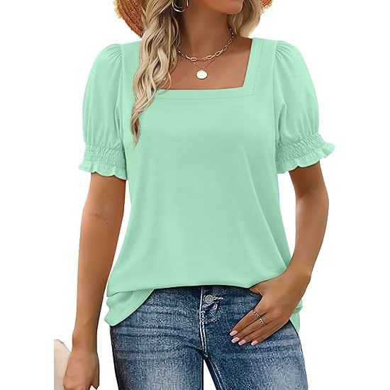 WIHOLL Tops for Women Summer Casual Ruffle Trim Sleeve Square Neck T Shirts