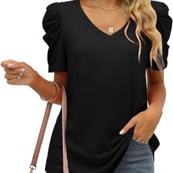 XIEERDUO Womens Summer Shirt V Neck Casual Tshirts Puff Sleeve Tops for Women Solid Color XS-3XL