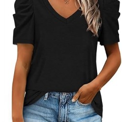 XIEERDUO Womens Summer Shirt V Neck Casual Tshirts Puff Sleeve Tops for Women Solid Color XS-3XL