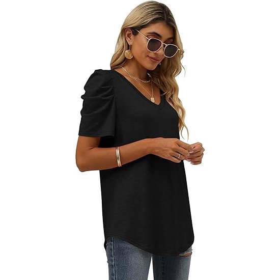 XIEERDUO Womens Summer Shirt V Neck Casual Tshirts Puff Sleeve Tops for Women Solid Color XS-3XL