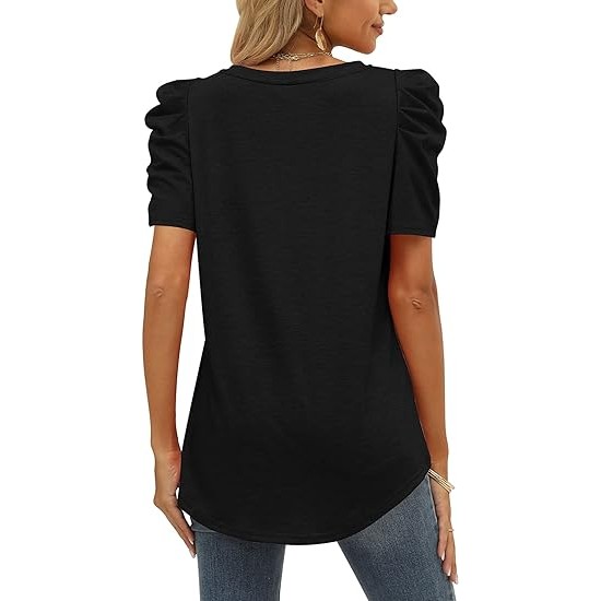 XIEERDUO Womens Summer Shirt V Neck Casual Tshirts Puff Sleeve Tops for Women Solid Color XS-3XL