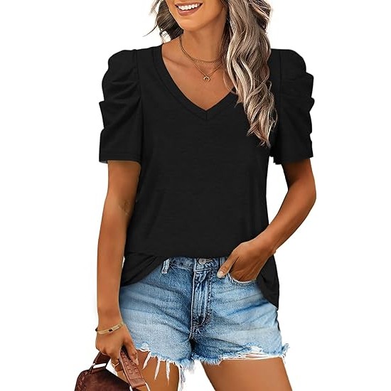 XIEERDUO Womens Summer Shirt V Neck Casual Tshirts Puff Sleeve Tops for Women Solid Color XS-3XL