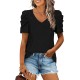 XIEERDUO Womens Summer Shirt V Neck Casual Tshirts Puff Sleeve Tops for Women Solid Color XS-3XL