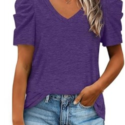 XIEERDUO Womens Summer Shirt V Neck Casual Tshirts Puff Sleeve Tops for Women Solid Color XS-3XL