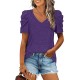 XIEERDUO Womens Summer Shirt V Neck Casual Tshirts Puff Sleeve Tops for Women Solid Color XS-3XL