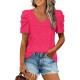 XIEERDUO Womens Summer Shirt V Neck Casual Tshirts Puff Sleeve Tops for Women Solid Color XS-3XL