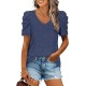 XIEERDUO Womens Summer Shirt V Neck Casual Tshirts Puff Sleeve Tops for Women Solid Color XS-3XL