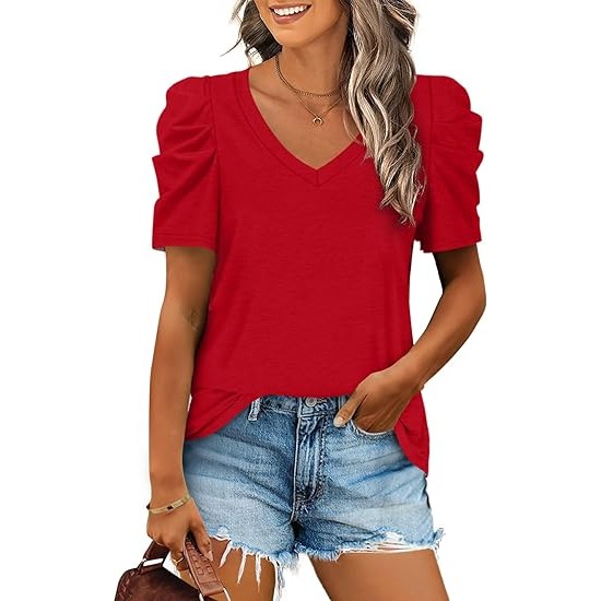 XIEERDUO Womens Summer Shirt V Neck Casual Tshirts Puff Sleeve Tops for Women Solid Color XS-3XL