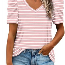 XIEERDUO Womens Summer Shirt V Neck Casual Tshirts Puff Sleeve Tops for Women Solid Color XS-3XL