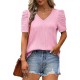 XIEERDUO Womens Summer Shirt V Neck Casual Tshirts Puff Sleeve Tops for Women Solid Color XS-3XL