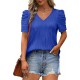 XIEERDUO Womens Summer Shirt V Neck Casual Tshirts Puff Sleeve Tops for Women Solid Color XS-3XL