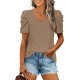 XIEERDUO Womens Summer Shirt V Neck Casual Tshirts Puff Sleeve Tops for Women Solid Color XS-3XL