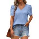 XIEERDUO Womens Summer Shirt V Neck Casual Tshirts Puff Sleeve Tops for Women Solid Color XS-3XL