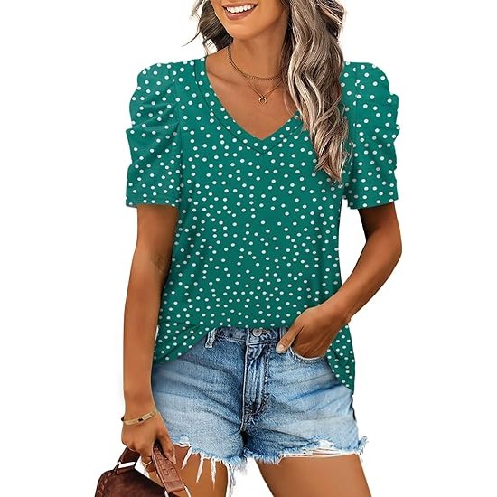 XIEERDUO Womens Summer Shirt V Neck Casual Tshirts Puff Sleeve Tops for Women Solid Color XS-3XL