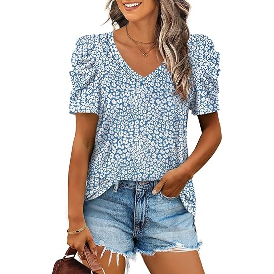 XIEERDUO Womens Summer Shirt V Neck Casual Tshirts Puff Sleeve Tops for Women Solid Color XS-3XL