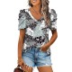 XIEERDUO Womens Summer Shirt V Neck Casual Tshirts Puff Sleeve Tops for Women Solid Color XS-3XL