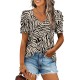 XIEERDUO Womens Summer Shirt V Neck Casual Tshirts Puff Sleeve Tops for Women Solid Color XS-3XL