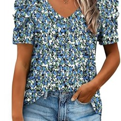 XIEERDUO Womens Summer Shirt V Neck Casual Tshirts Puff Sleeve Tops for Women Solid Color XS-3XL