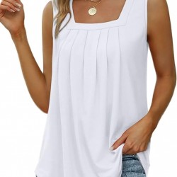 Saloogoe Summer Tank Tops for Women Loose Fit Pleated Square Neck Sleeveless Tops Curved Hem Flowy