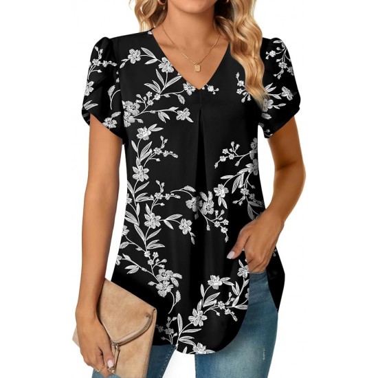 Anyally Women's Plus Size Summer Dressy Chiffon Blouses Short Sleeve V Neck Tunic Tops for Leggings Casual T-Shirts