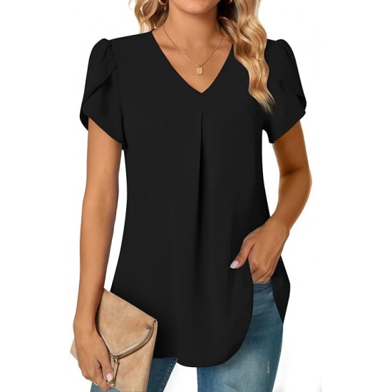 Anyally Women's Plus Size Summer Dressy Chiffon Blouses Short Sleeve V Neck Tunic Tops for Leggings Casual T-Shirts