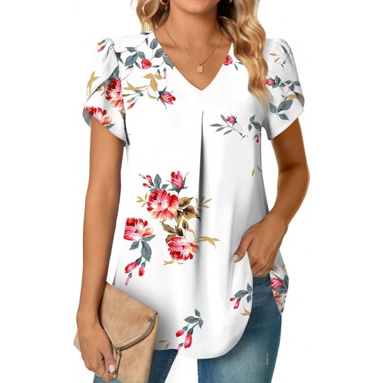 Anyally Women's Plus Size Summer Dressy Chiffon Blouses Short Sleeve V Neck Tunic Tops for Leggings Casual T-Shirts