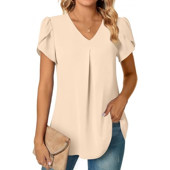 Anyally Women's Plus Size Summer Dressy Chiffon Blouses Short Sleeve V Neck Tunic Tops for Leggings Casual T-Shirts