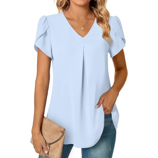 Anyally Women's Plus Size Summer Dressy Chiffon Blouses Short Sleeve V Neck Tunic Tops for Leggings Casual T-Shirts