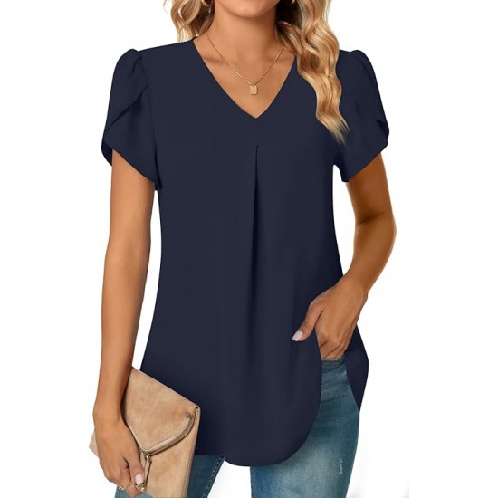 Anyally Women's Plus Size Summer Dressy Chiffon Blouses Short Sleeve V Neck Tunic Tops for Leggings Casual T-Shirts