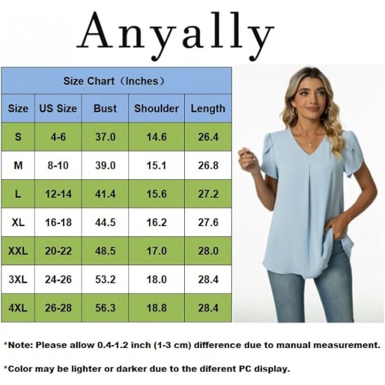 Anyally Women's Plus Size Summer Dressy Chiffon Blouses Short Sleeve V Neck Tunic Tops for Leggings Casual T-Shirts