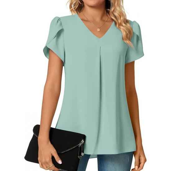 Anyally Women's Plus Size Summer Dressy Chiffon Blouses Short Sleeve V Neck Tunic Tops for Leggings Casual T-Shirts