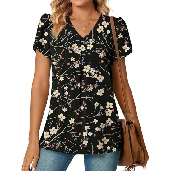 Anyally Women's Plus Size Summer Dressy Chiffon Blouses Short Sleeve V Neck Tunic Tops for Leggings Casual T-Shirts