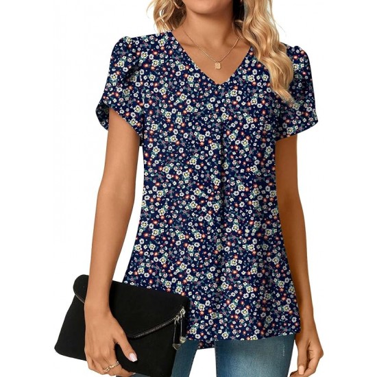 Anyally Women's Plus Size Summer Dressy Chiffon Blouses Short Sleeve V Neck Tunic Tops for Leggings Casual T-Shirts