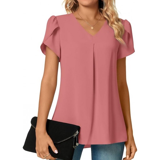 Anyally Women's Plus Size Summer Dressy Chiffon Blouses Short Sleeve V Neck Tunic Tops for Leggings Casual T-Shirts