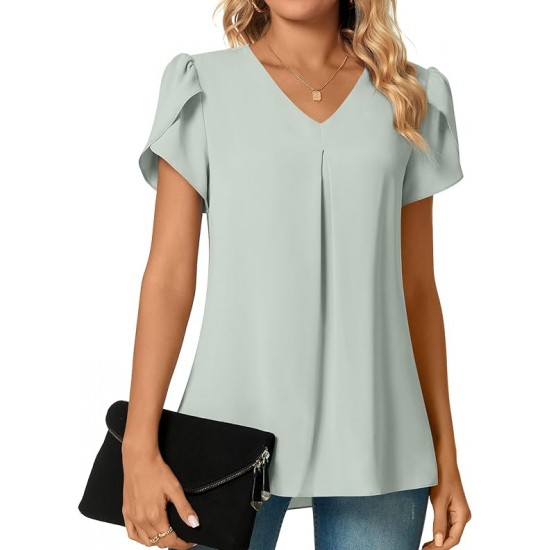 Anyally Women's Plus Size Summer Dressy Chiffon Blouses Short Sleeve V Neck Tunic Tops for Leggings Casual T-Shirts