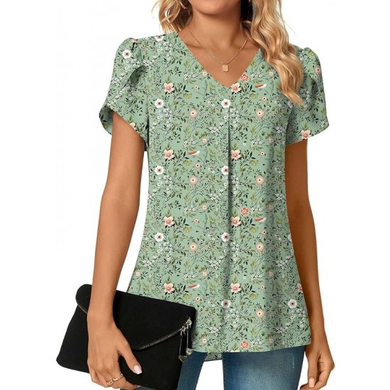 Anyally Women's Plus Size Summer Dressy Chiffon Blouses Short Sleeve V Neck Tunic Tops for Leggings Casual T-Shirts