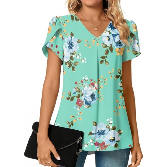 Anyally Women's Plus Size Summer Dressy Chiffon Blouses Short Sleeve V Neck Tunic Tops for Leggings Casual T-Shirts