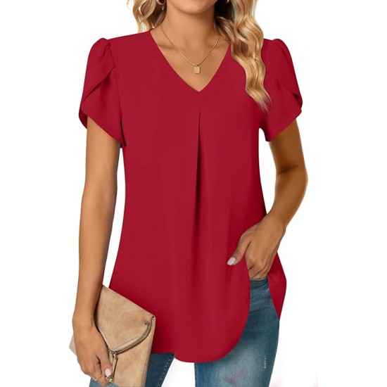 Anyally Women's Plus Size Summer Dressy Chiffon Blouses Short Sleeve V Neck Tunic Tops for Leggings Casual T-Shirts