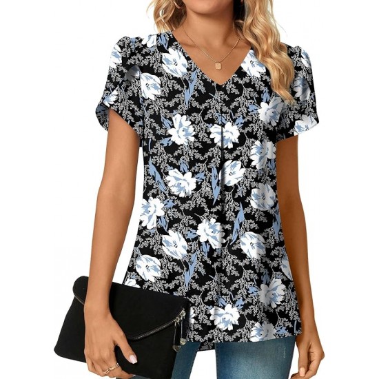 Anyally Women's Plus Size Summer Dressy Chiffon Blouses Short Sleeve V Neck Tunic Tops for Leggings Casual T-Shirts