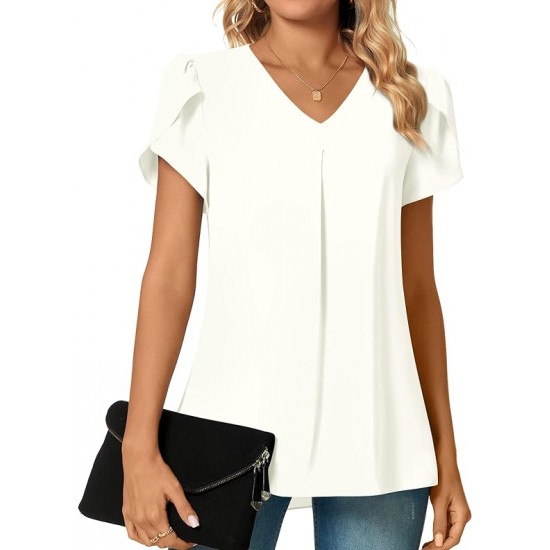 Anyally Women's Plus Size Summer Dressy Chiffon Blouses Short Sleeve V Neck Tunic Tops for Leggings Casual T-Shirts