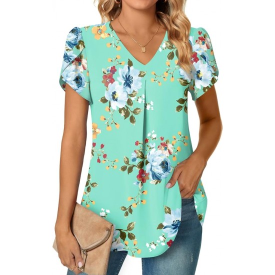 Anyally Women's Plus Size Summer Dressy Chiffon Blouses Short Sleeve V Neck Tunic Tops for Leggings Casual T-Shirts