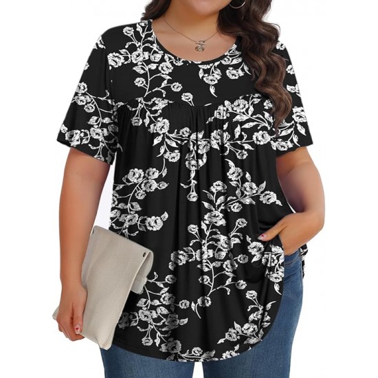 Tencede Womens Plus Size Tops Tunic Short Sleeve Crew Neck Shirts Casual Soft Blouse 1X-5X