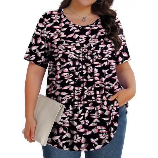 Tencede Womens Plus Size Tops Tunic Short Sleeve Crew Neck Shirts Casual Soft Blouse 1X-5X