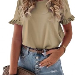 Pretty Garden Womens Plain Round Neck Cute Ruffle Short Sleeve Top