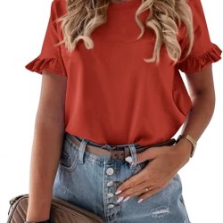 Pretty Garden Womens Plain Round Neck Cute Ruffle Short Sleeve Top