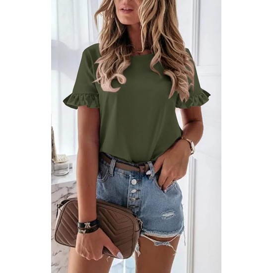 Pretty Garden Womens Plain Round Neck Cute Ruffle Short Sleeve Top