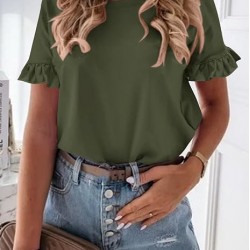 Pretty Garden Womens Plain Round Neck Cute Ruffle Short Sleeve Top